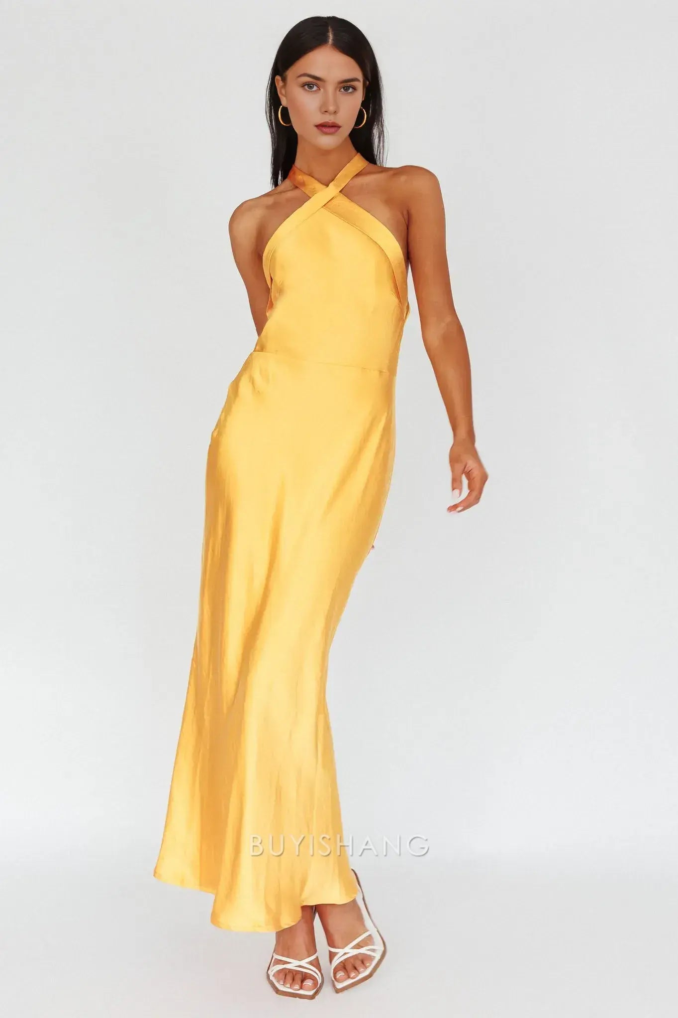 Fashionable Satin Halter - Neck Maxi Dress with Open Back prom dress