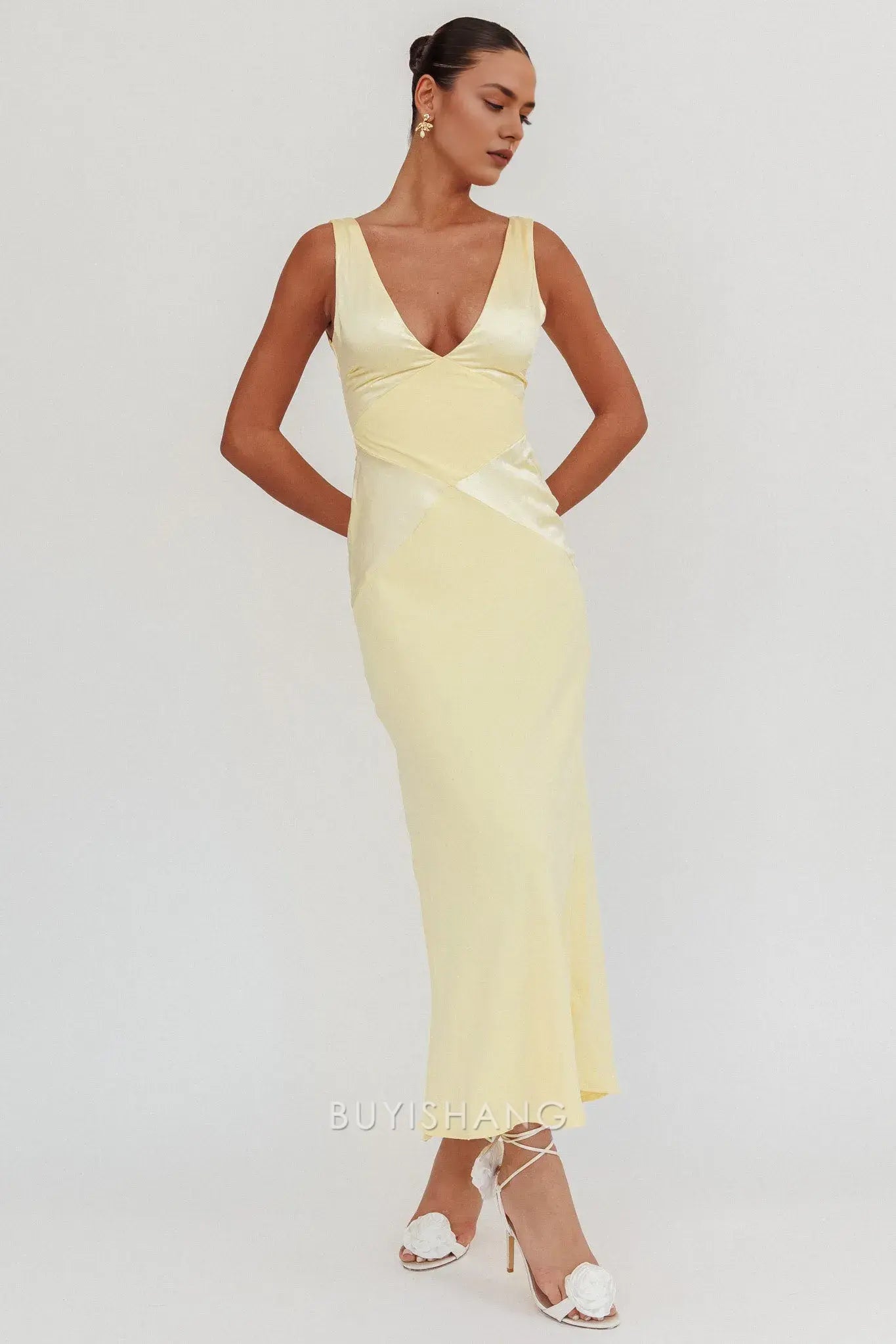 Fashionable Satin Maxi Dress with Deep V - Neck and Open Back prom dress