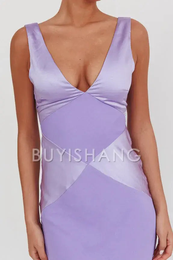 Fashionable Satin Maxi Dress with Deep V - Neck and Open Back prom dress