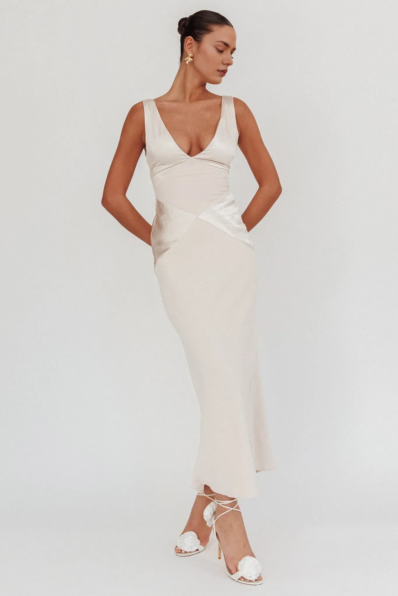 Fashionable Satin Maxi Dress with Deep V - Neck and Open Back prom dress