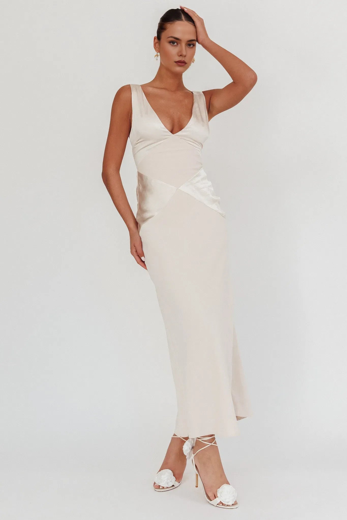 Fashionable Satin Maxi Dress with Deep V - Neck and Open Back prom dress