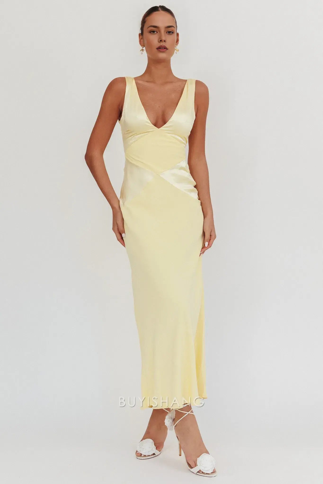 Fashionable Satin Maxi Dress with Deep V - Neck and Open Back prom dress