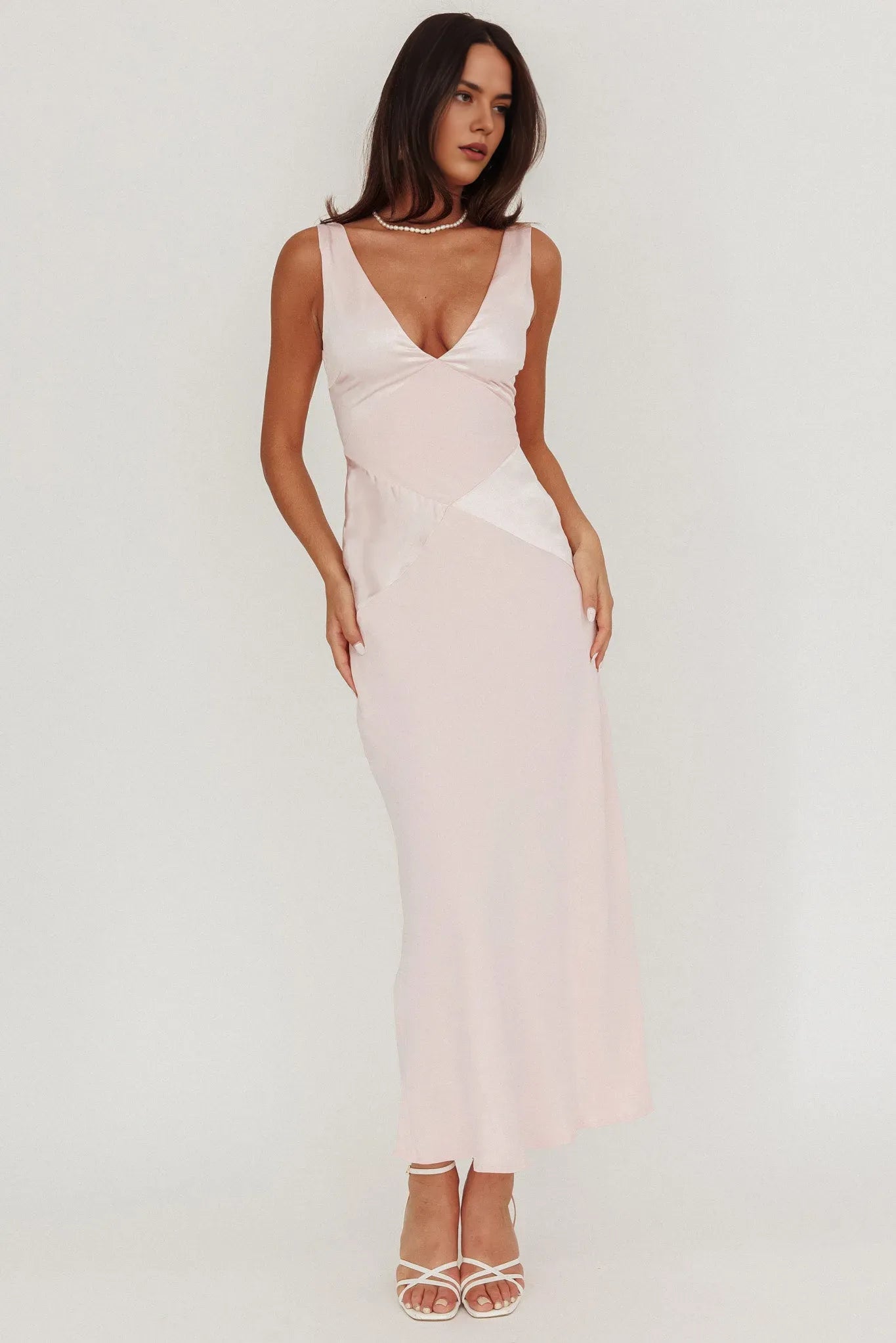 Fashionable Satin Maxi Dress with Deep V - Neck and Open Back prom dress