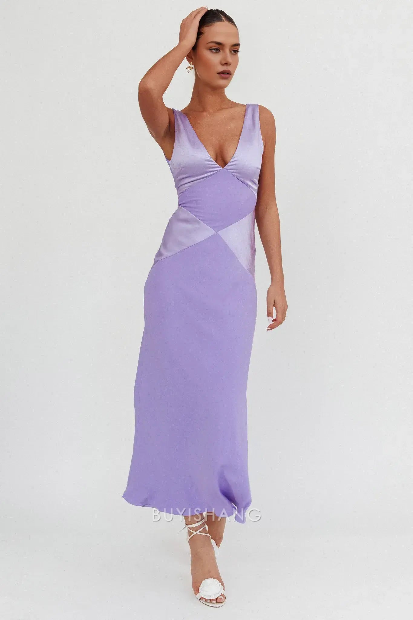 Fashionable Satin Maxi Dress with Deep V - Neck and Open Back prom dress