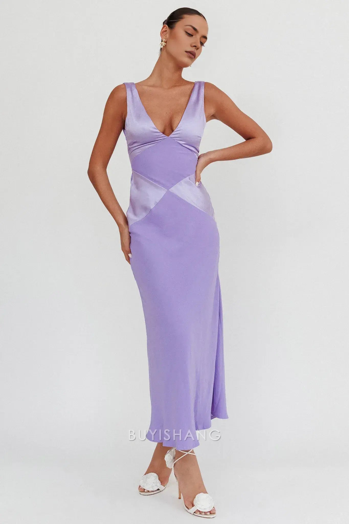 Fashionable Satin Maxi Dress with Deep V - Neck and Open Back prom dress