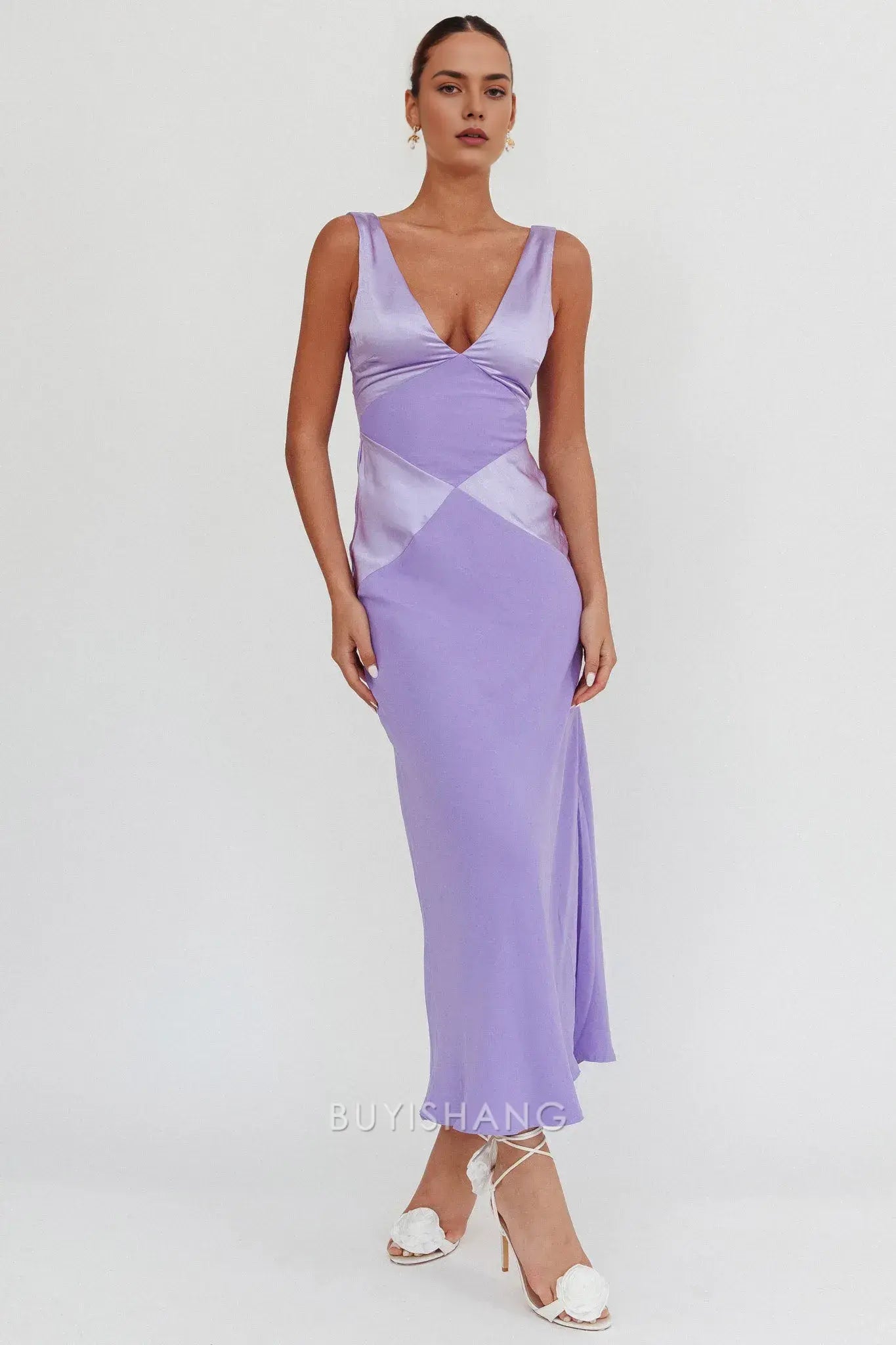 Fashionable Satin Maxi Dress with Deep V - Neck and Open Back prom dress