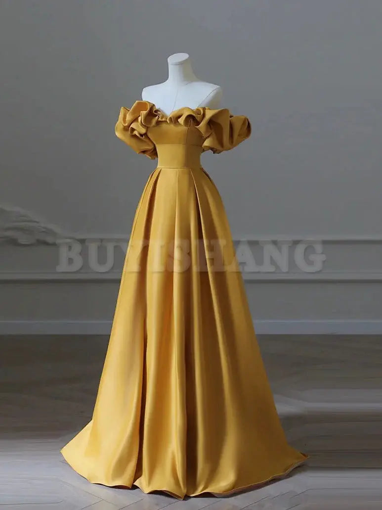 Buyishang Satin Yellow Long Prom Dress Aline Formal Yellow Graduation Party Dress prom dresses near me