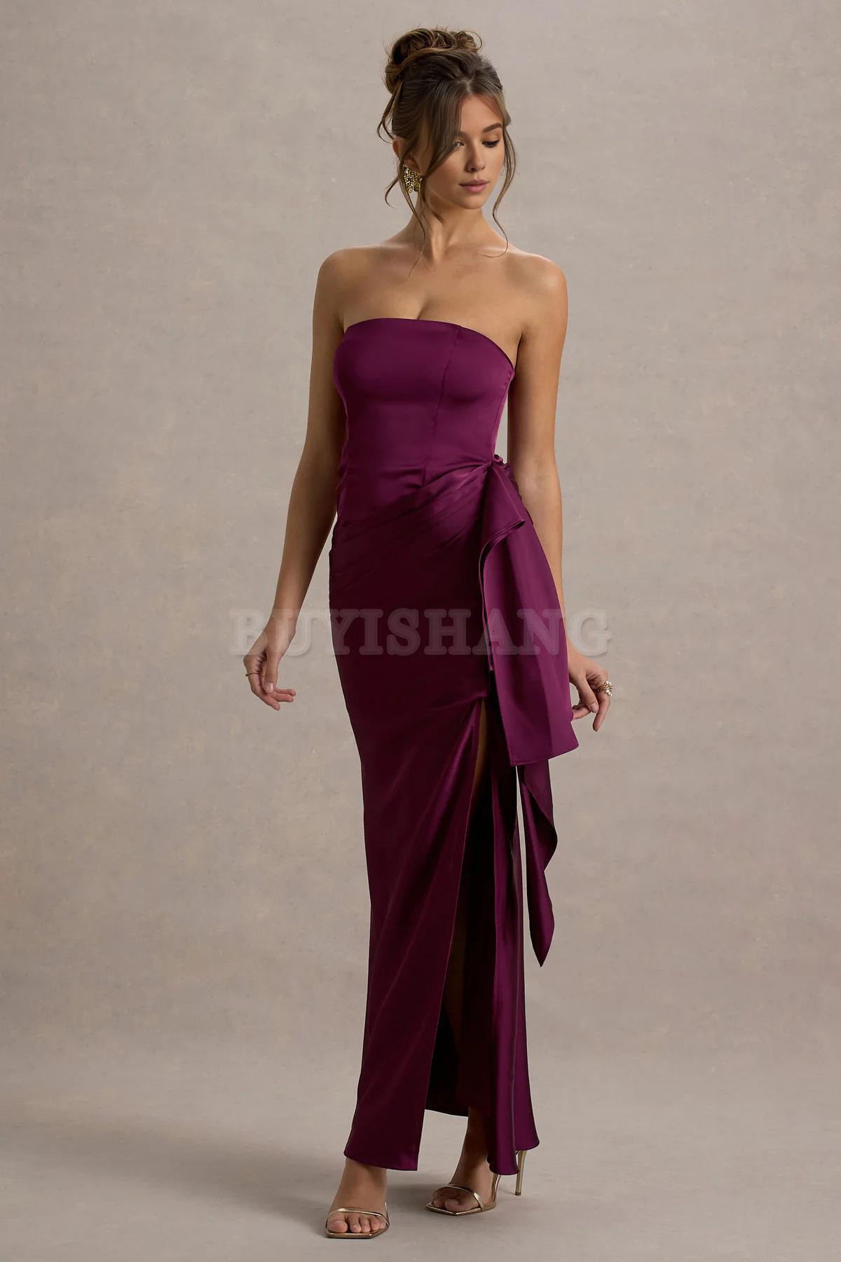 Buyishang Satin striped pleated slit long dress with a unique neckline suitable for dance formal wear