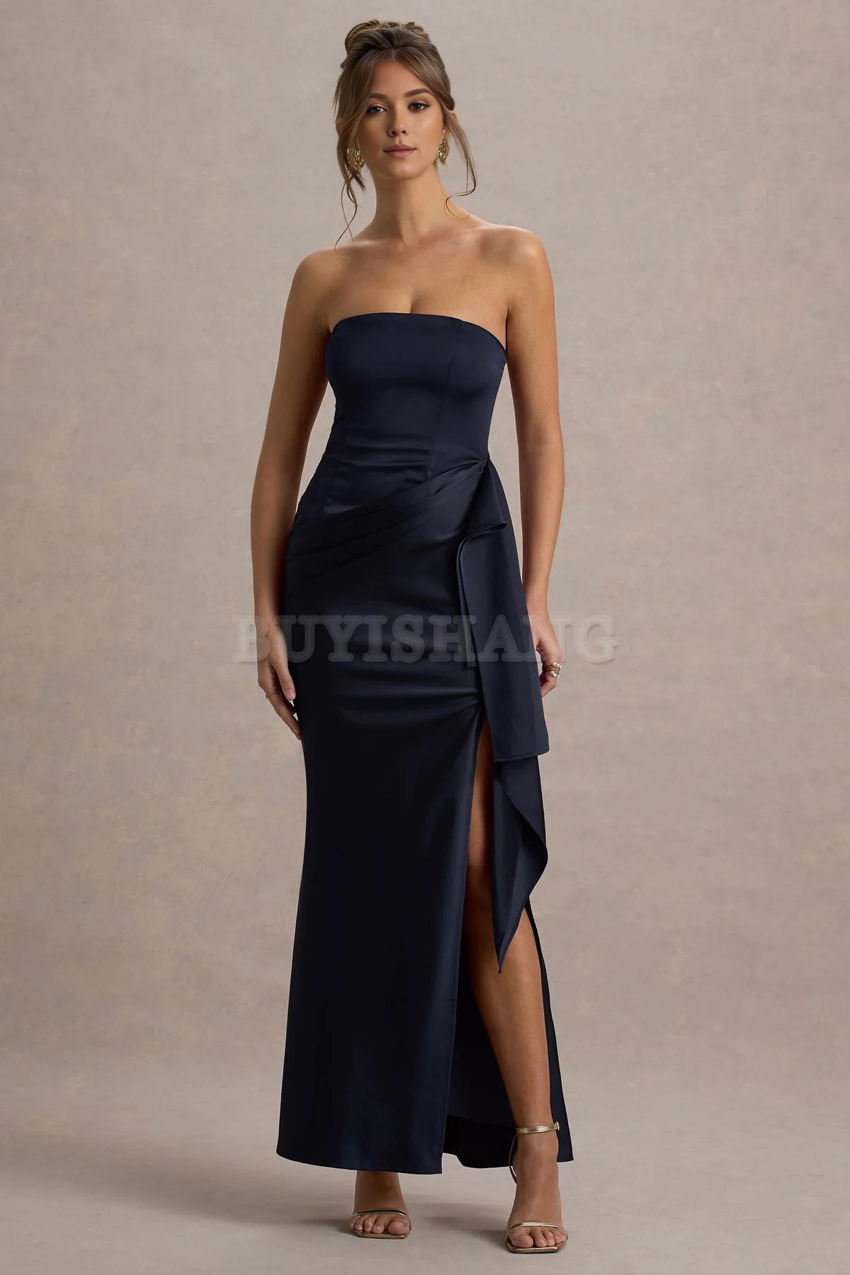 Buyishang Satin striped pleated slit long dress with a unique neckline suitable for dance formal wear