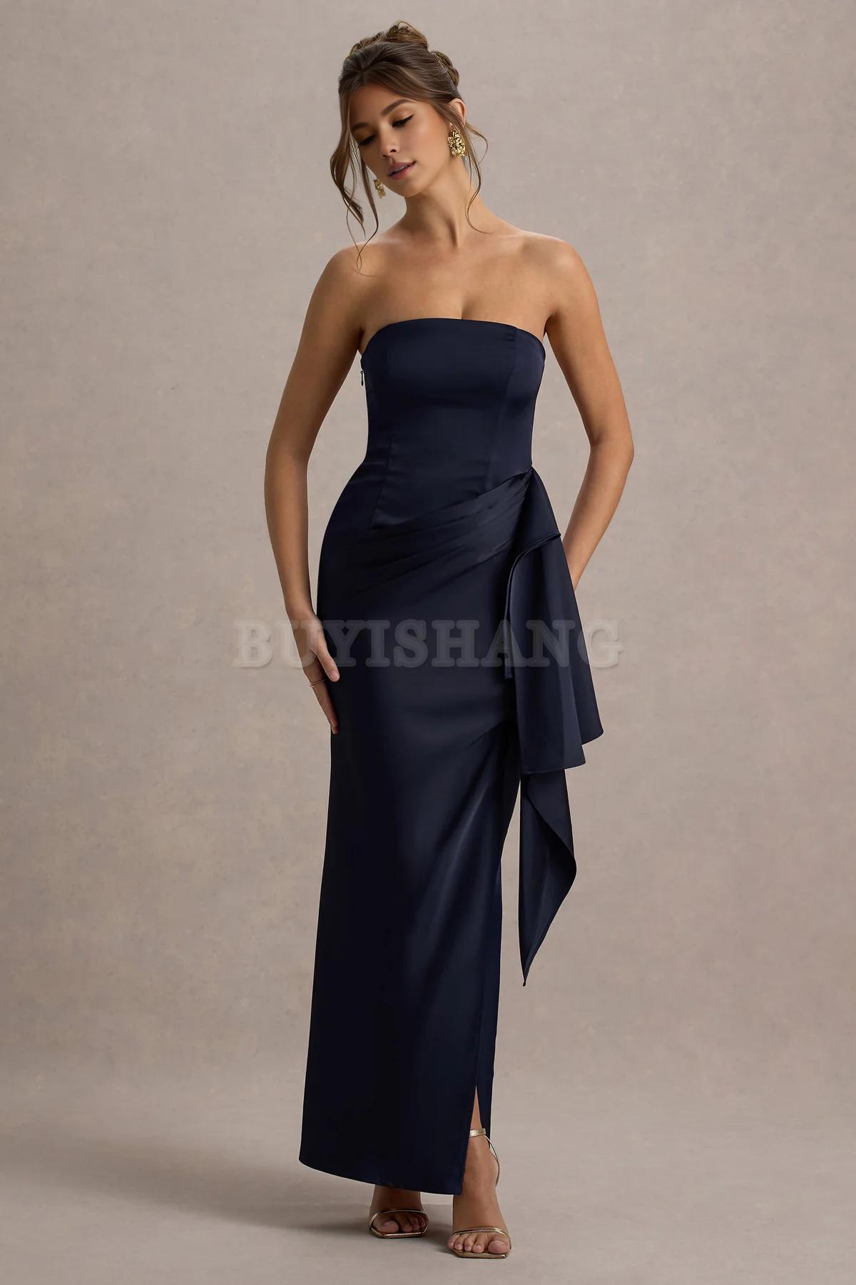 Buyishang Satin striped pleated slit long dress with a unique neckline suitable for dance formal wear