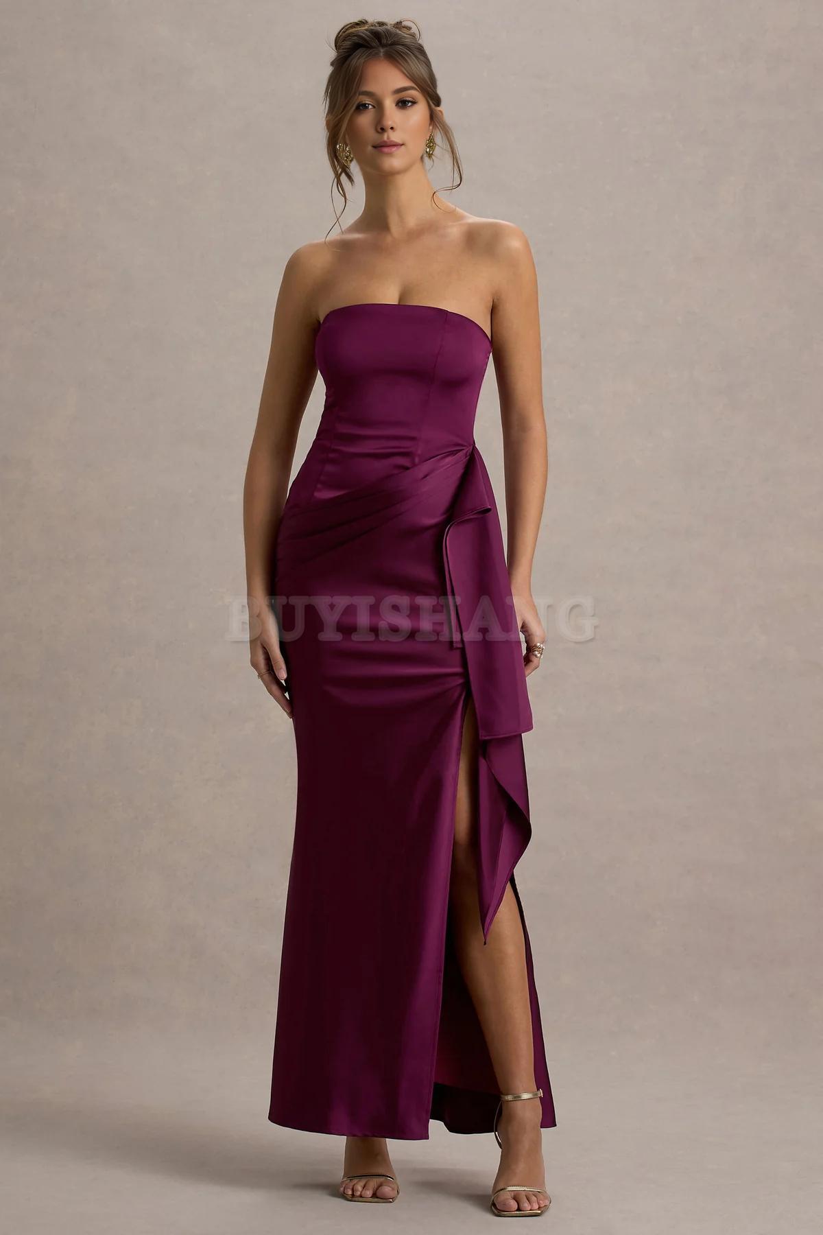 Buyishang Satin striped pleated slit long dress with a unique neckline suitable for dance formal wear