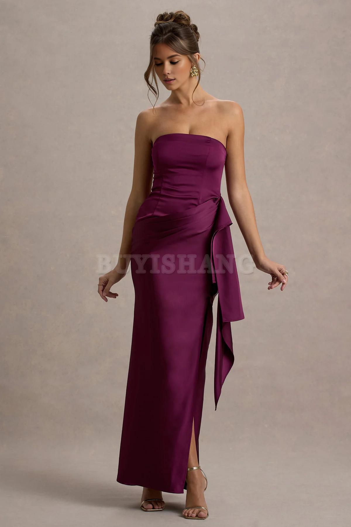 Buyishang Satin striped pleated slit long dress with a unique neckline suitable for dance formal wear