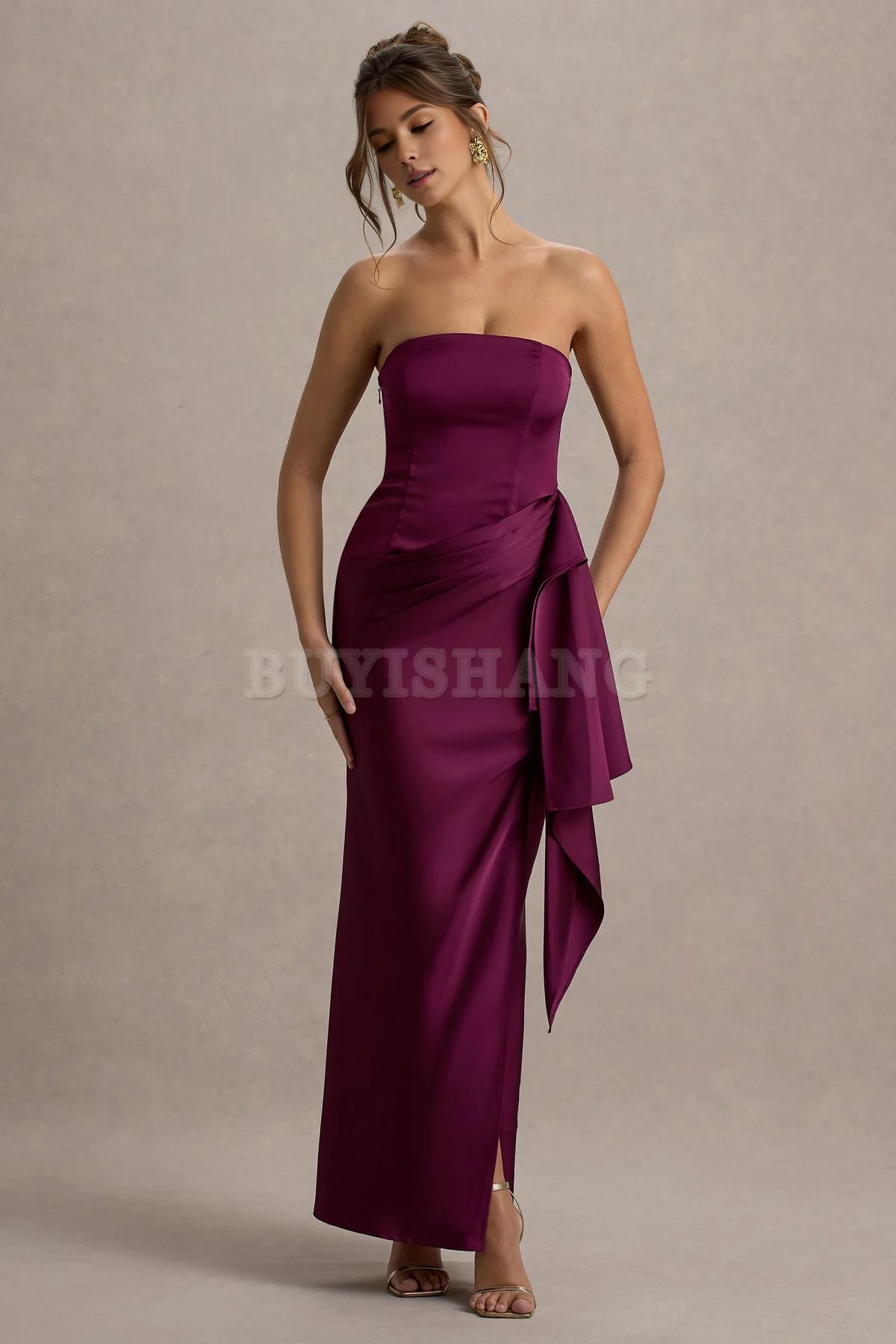 Buyishang Satin striped pleated slit long dress with a unique neckline suitable for dance formal wear
