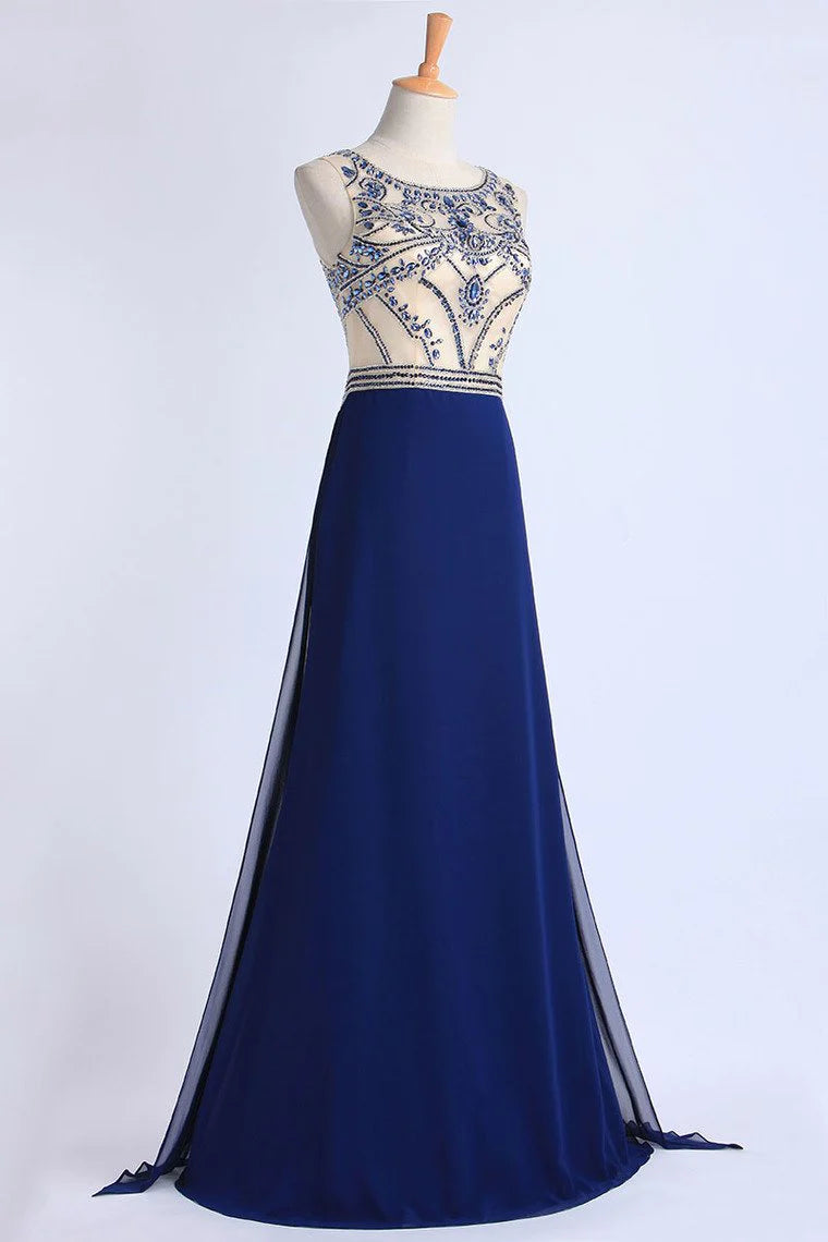 Scoop A Line Full Length Red Party Dress Beaded Tulle Bodice With Chiffon Skirt