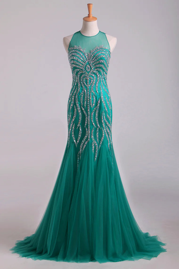 Mermaid Tulle Party Dresses Fully Beaded Bodice Sweep Train