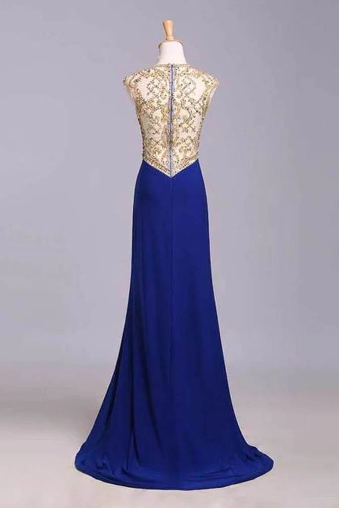 Scoop Neckline Column Beaded Bodice Party Dresses With Court Train & Slit