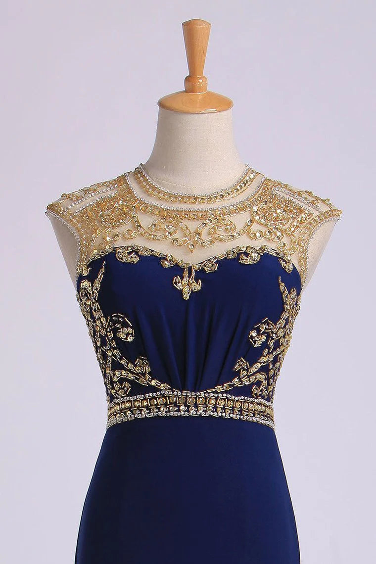 Scoop Neckline Column Beaded Bodice Party Dresses With Court Train & Slit