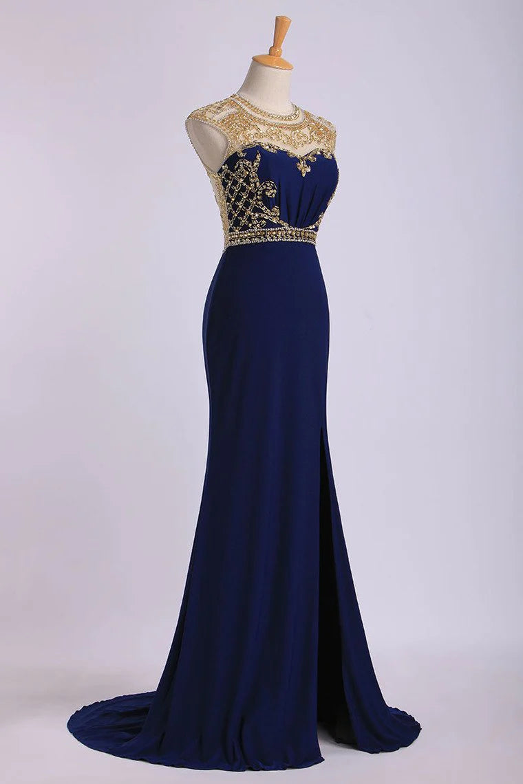 Scoop Neckline Column Beaded Bodice Party Dresses With Court Train & Slit