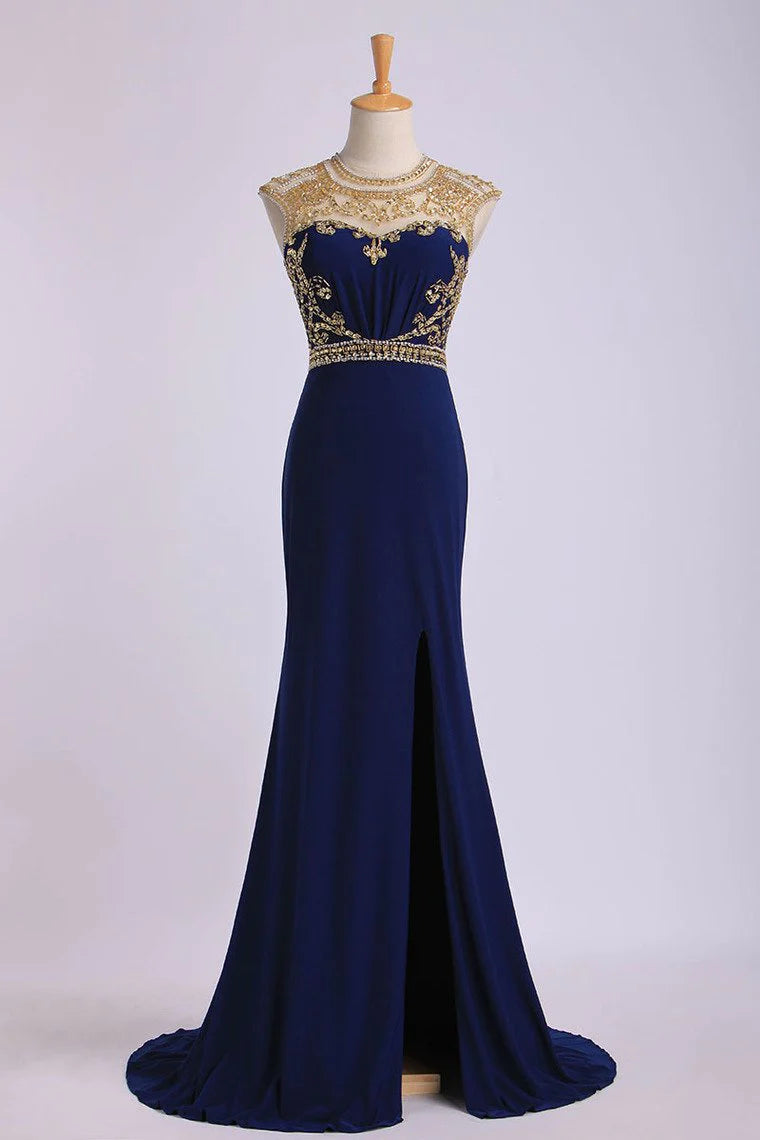 Scoop Neckline Column Beaded Bodice Party Dresses With Court Train & Slit