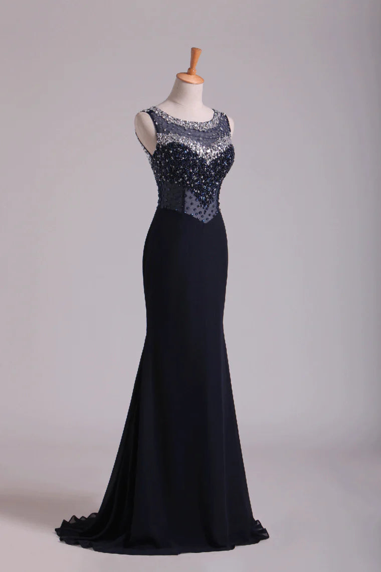 Scoop Open Back Beaded Bodice Floor Length Chiffon Party Dresses