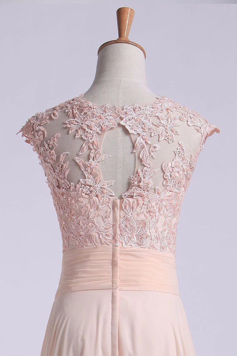 Party Dresses A Line Chiffon With Applique And Ruffles Sweep Train