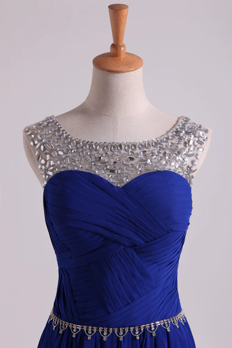 Scoop Party Dresses A Line Pleated Bodice Chiffon With Beads Dark Royal Blue
