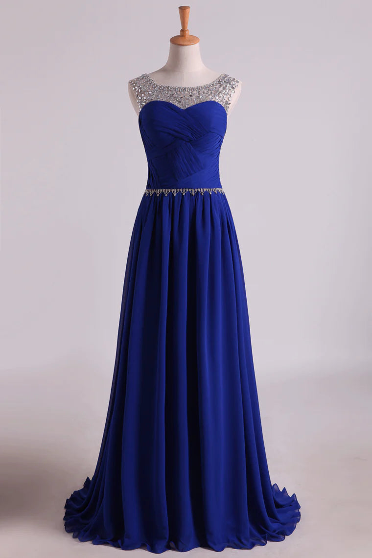Scoop Party Dresses A Line Pleated Bodice Chiffon With Beads Dark Royal Blue