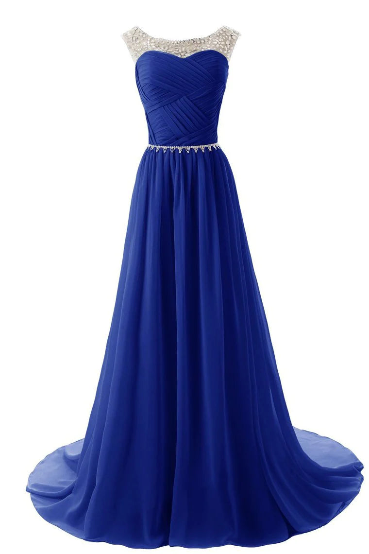 Scoop Party Dresses A Line Pleated Bodice Chiffon With Beads Dark Royal Blue