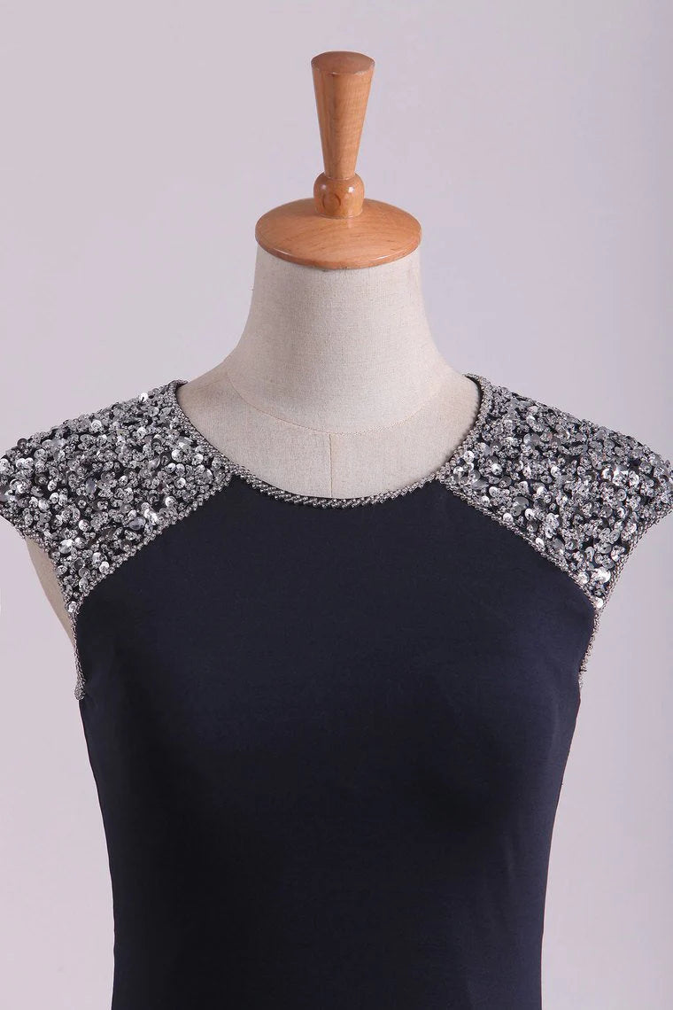 Scoop Sheath Spandex With Beading & Slit Sweep Train Party Dresses