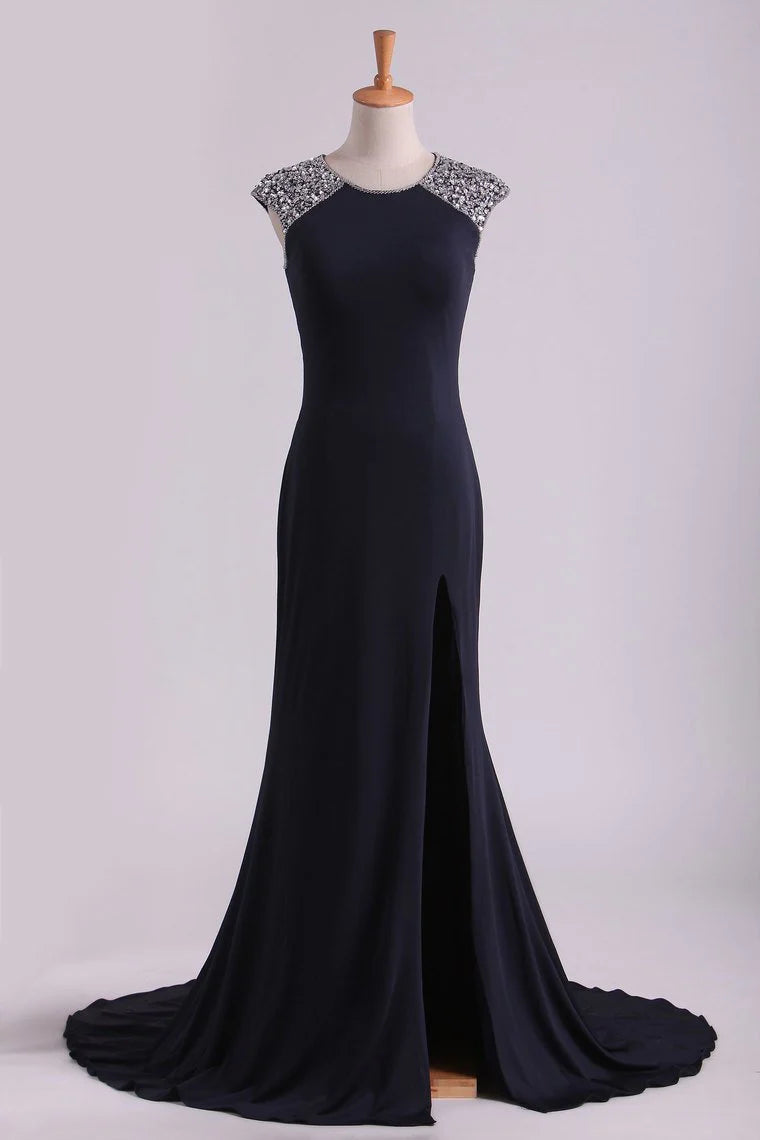 Scoop Sheath Spandex With Beading & Slit Sweep Train Party Dresses
