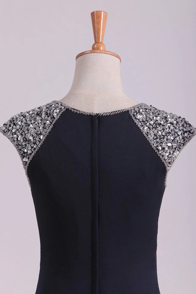 Scoop Sheath Spandex With Beading & Slit Sweep Train Party Dresses