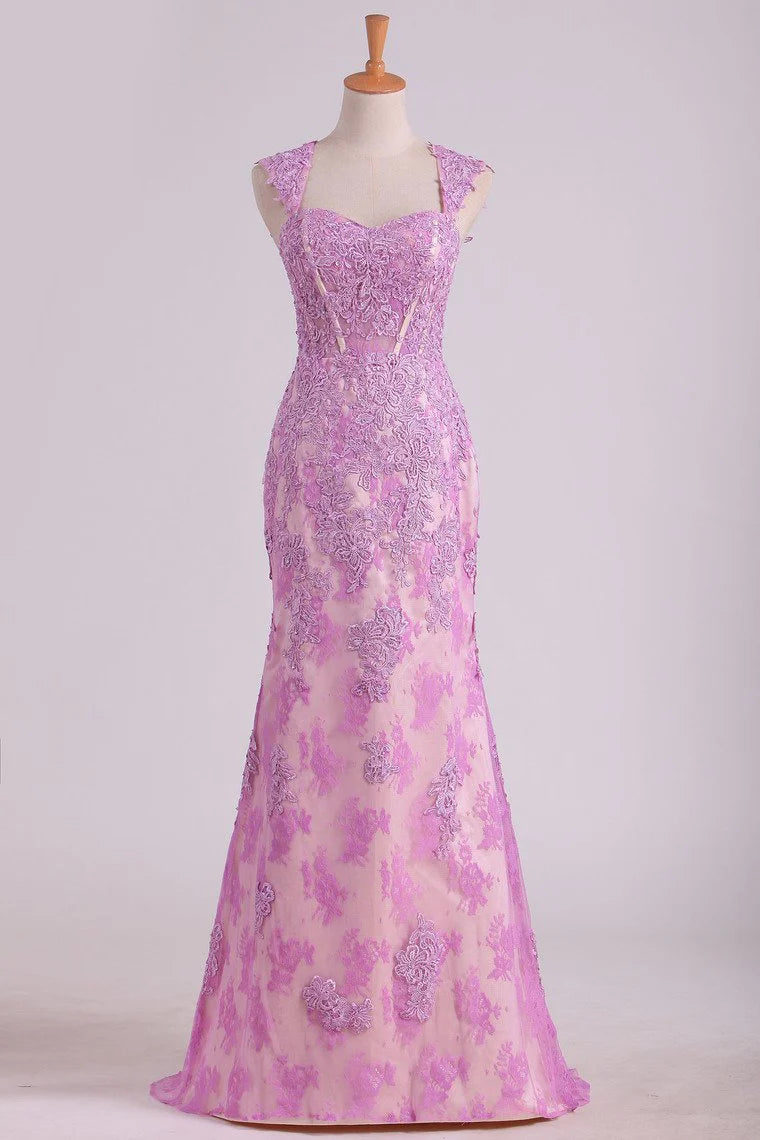 See-Through Lace & Tulle Straps Party Dresses Sheath With Beading And Applique