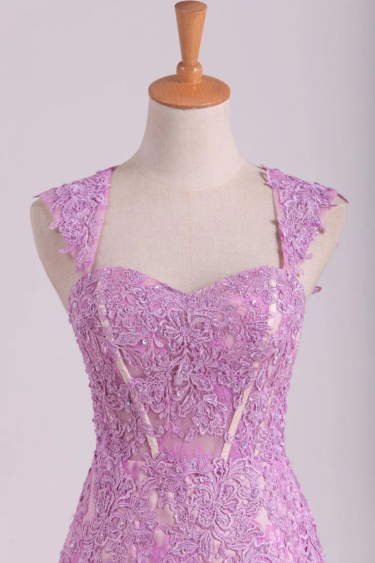 See-Through Lace & Tulle Straps Party Dresses Sheath With Beading And Applique