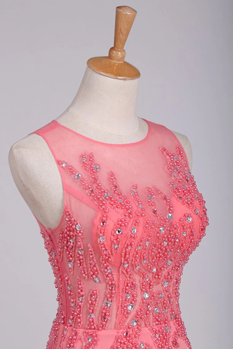 Party Dresses Scoop Beaded Bodice Spandex Mermaid Sweep Train