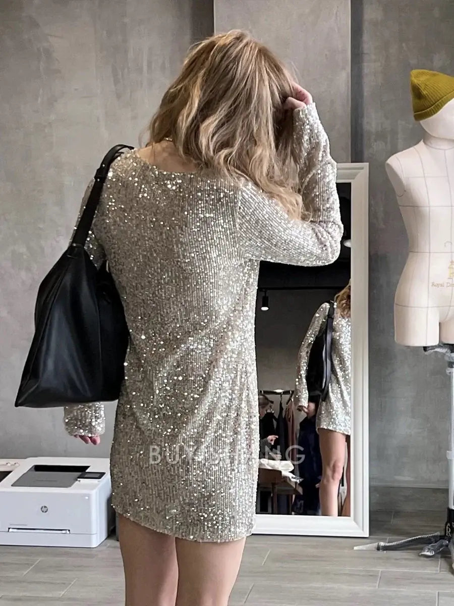 Buyishang Simple Sequin Round Neck Long Sleeve Mini Dinner Dress Short Homecoming Dresses