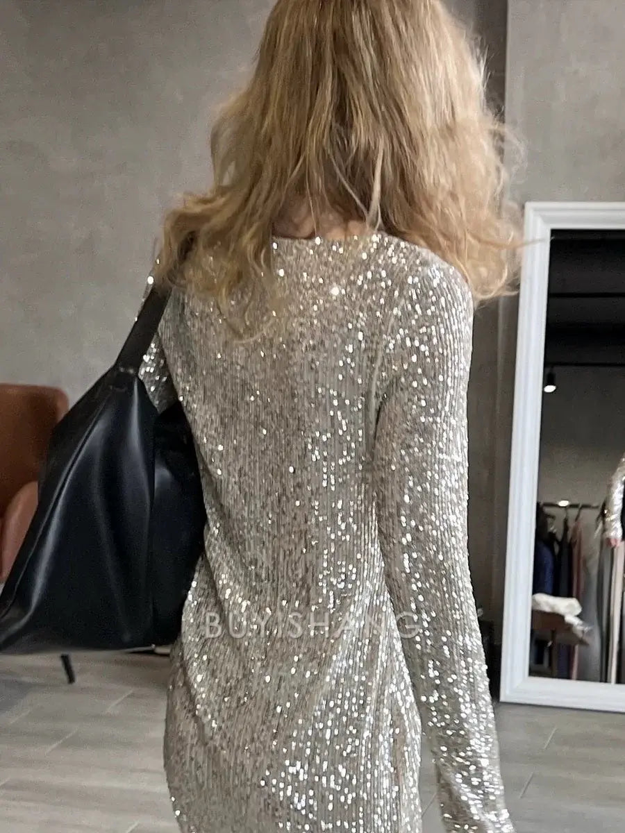 Buyishang Simple Sequin Round Neck Long Sleeve Mini Dinner Dress Short Homecoming Dresses