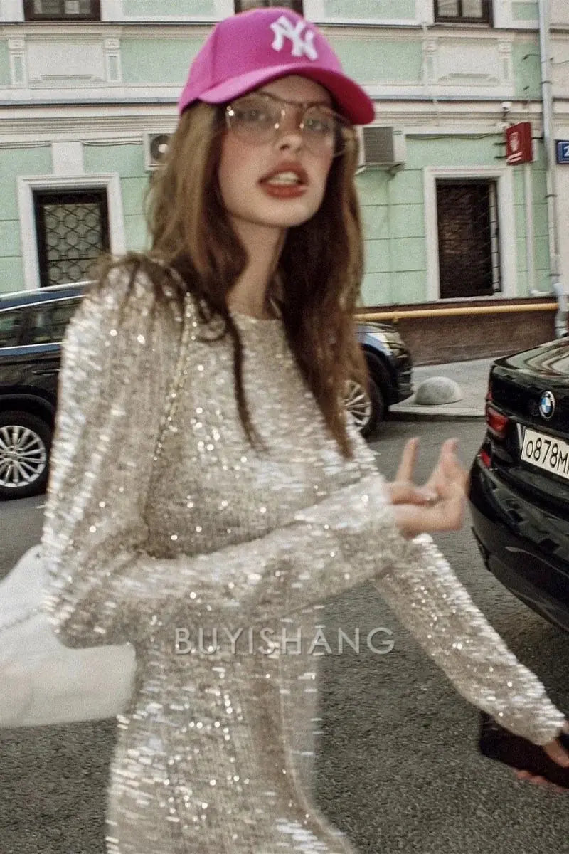Buyishang Simple Sequin Round Neck Long Sleeve Mini Dinner Dress Short Homecoming Dresses