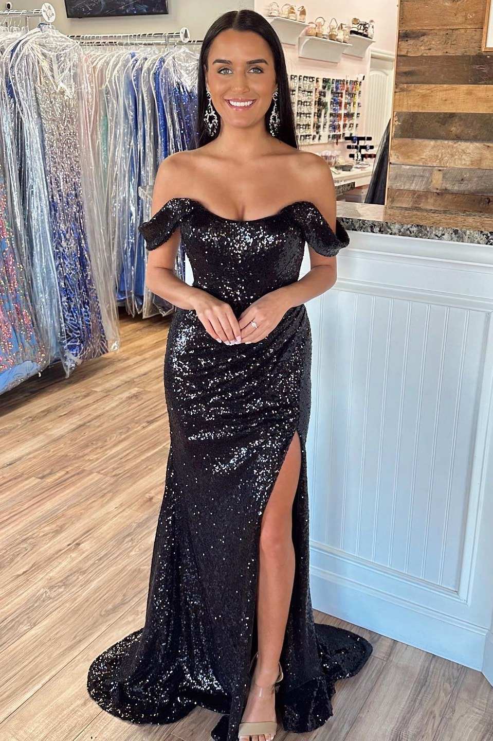 Sexy Leg Slit Long Off-the-Shoulder Sweetheart Mermaid Black Prom Dresses