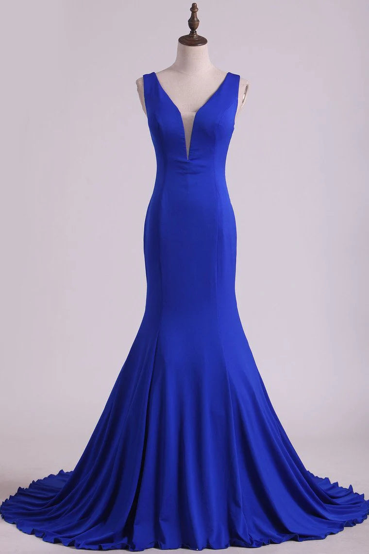 Sexy Open Back Party Dresses Mermaid V Neck Court Train Spandex