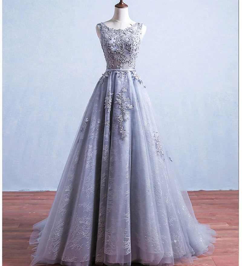 Sexy Open Back Scoop Tulle With Applique A Line Party Dresses