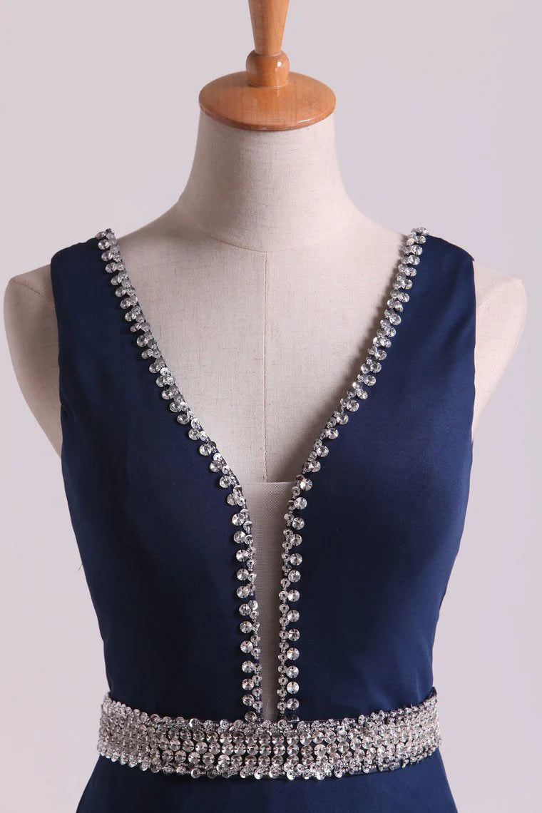 Sexy Open Back V Neck Party Dresses Mermaid Spandex With Beading