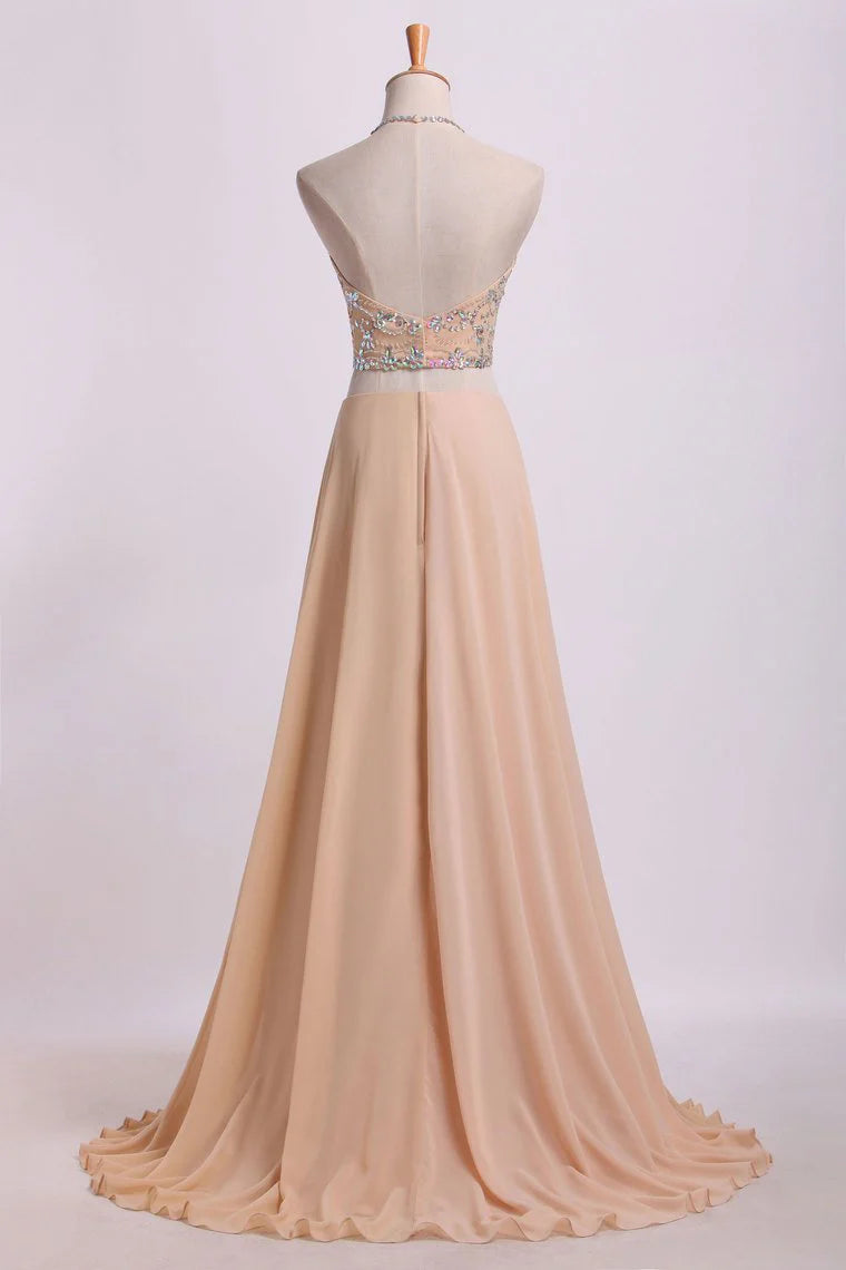 Party Dresses Halter Two Pieces A Line With Flowing Chiffon Skirt Beaded
