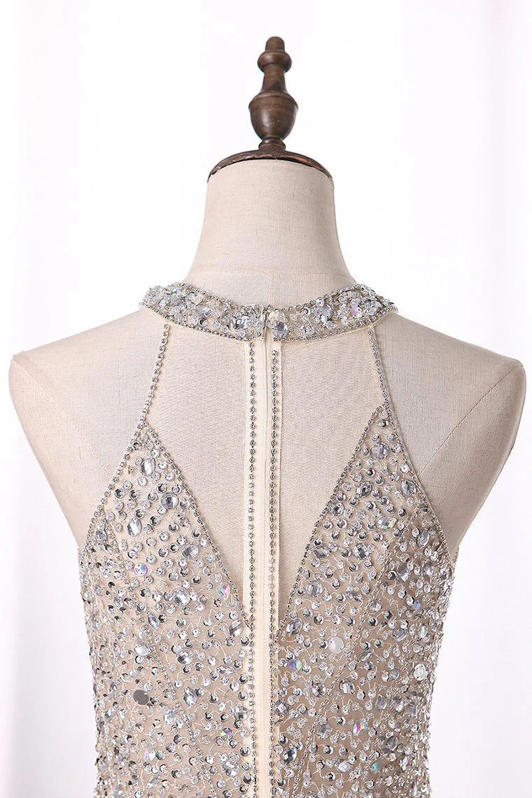 Sexy Scoop-Neck A Line Party Dresses Chiffon With Beaded Bodice Zipper Up