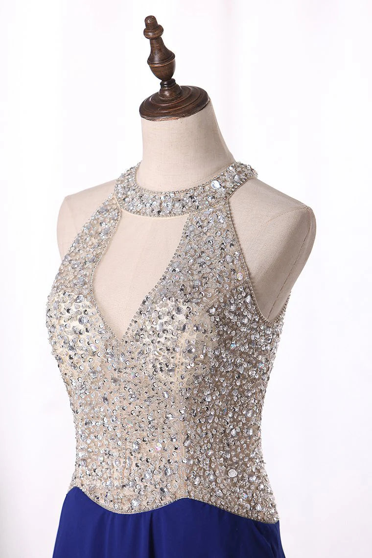 Sexy Scoop-Neck A Line Party Dresses Chiffon With Beaded Bodice Zipper Up