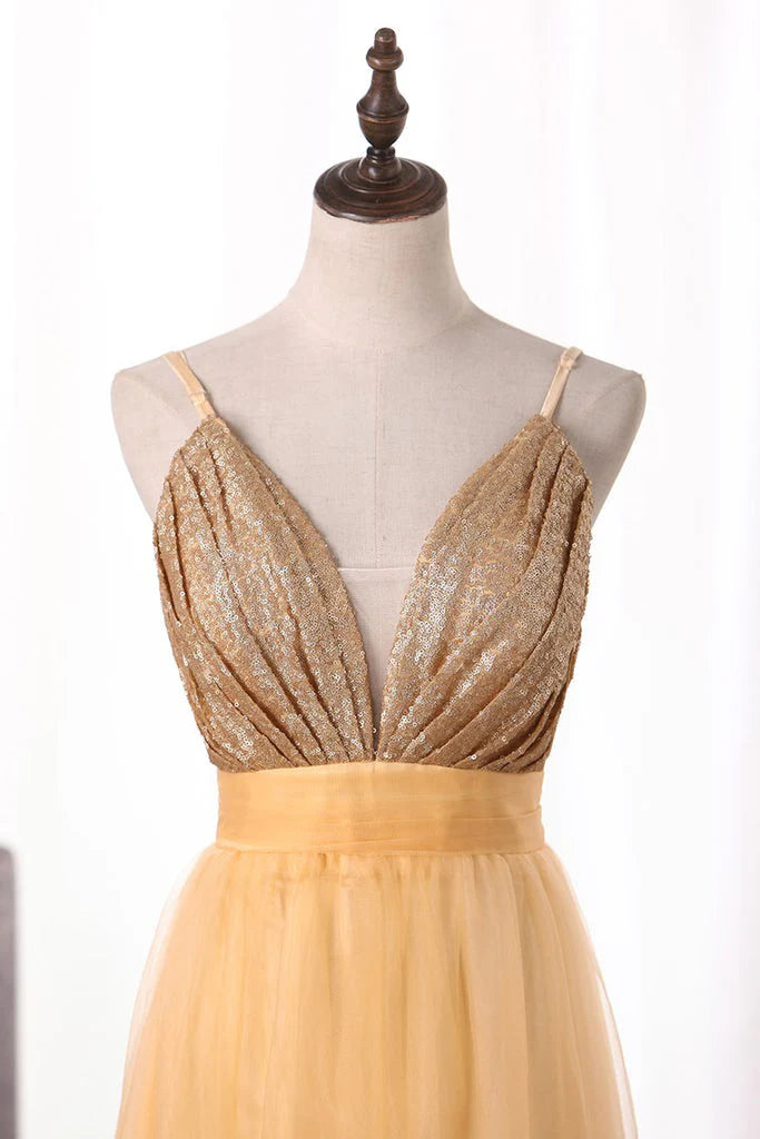 Sexy Spaghetti Straps A Line Party Dresses Tulle & Sequin Zipper