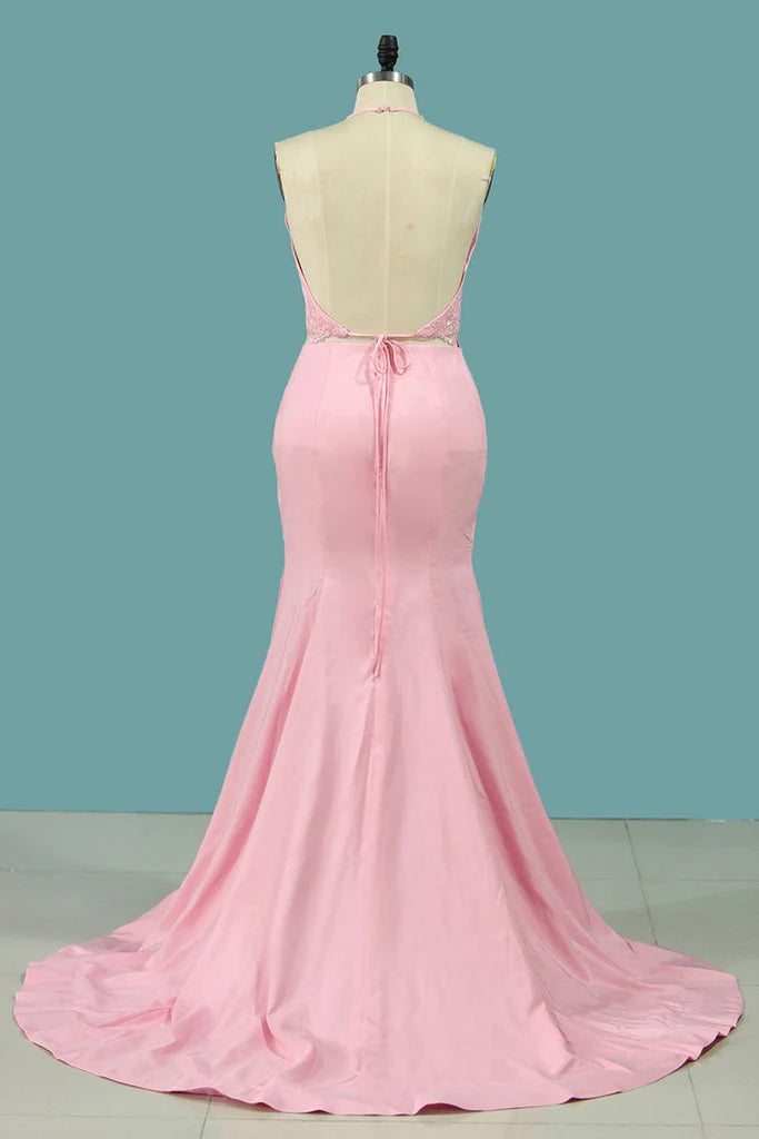 Party Dresses Mermaid Halter Zipper Up Open Back With Appliques