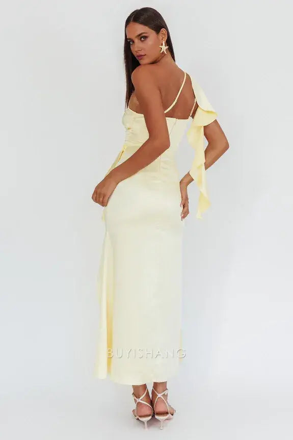 Sexy A-Line One Shoulder Sleeveless Back Zip Ankle-Length Side Slit prom dress