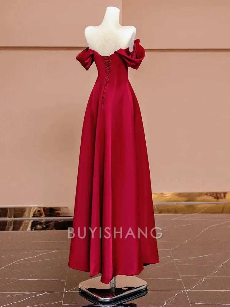 Buyishang Sexy A Line Off The Shoulder Red Satin Floor Length Evening Dress Prom Dresses