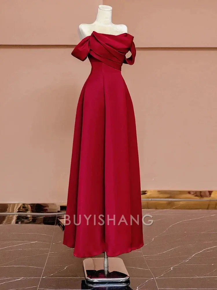 Buyishang Sexy A Line Off The Shoulder Red Satin Floor Length Evening Dress Prom Dresses