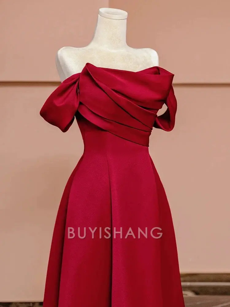 Buyishang Sexy A Line Off The Shoulder Red Satin Floor Length Evening Dress Prom Dresses